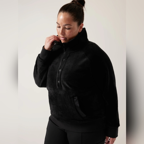 Athleta Recover Cozy Snap Front 1/4 Snap Sweatshirt Black Fuzzy Fleece Size 3X - Picture 1 of 10